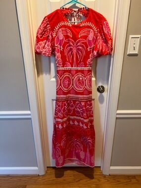 FARM Rio Red and Pink Tropical Backless Midi Dress